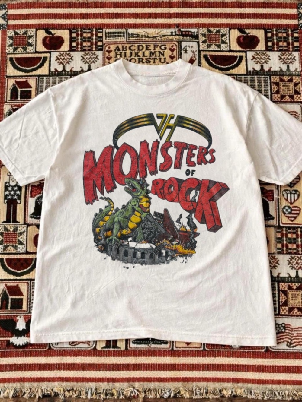 Gildan White Monsters of Rock Graphic Tee with Red & Green Print